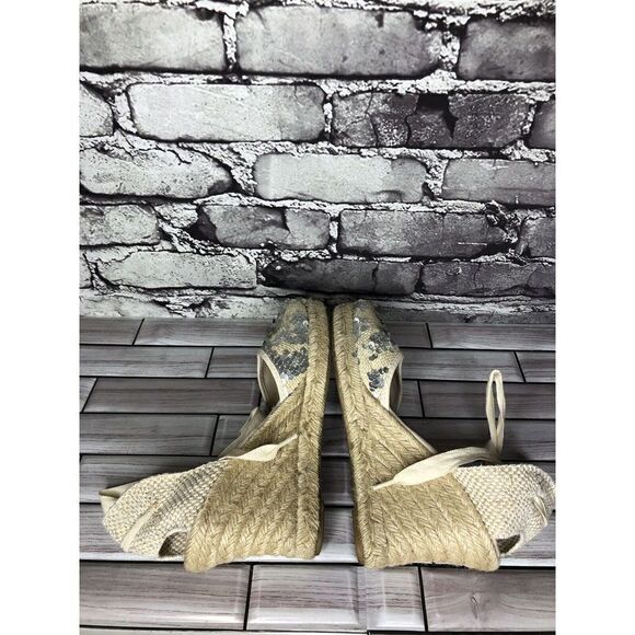 Saks Fifth Ave Ivory Fabric Sequin Ankle Lace Wedge Espadrilles Sandals Women 6M - Picture 16 of 16